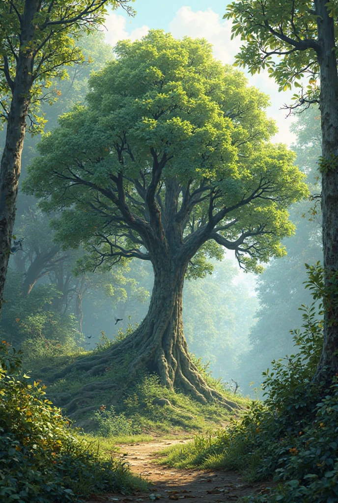 A natural picture of a tree in the middle of a forest - SeaArt AI