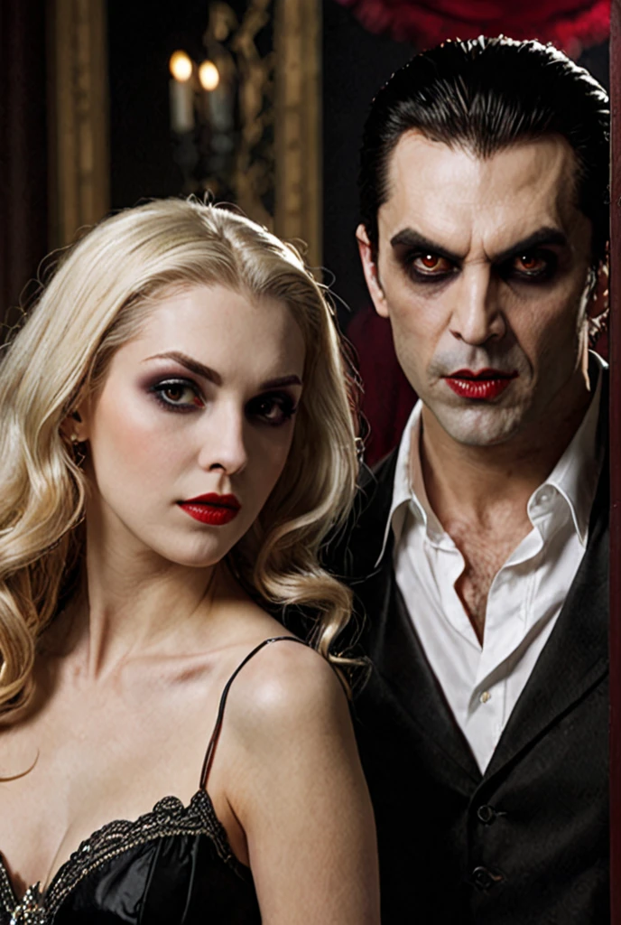 (A male vampire), (drinking blood from the neck of an attractive blonde woman), dramatic lighting, pale skin, (fangs bared), intense gaze, cinematic composition, dark moody atmosphere, deep red and blue color tones, photorealistic, highly detailed, intricate textures, dramatic shadows, cinematic lighting, the woman is in a light, elegant dress, the focus is on the interaction between the vampire and the woman. woman in skimpy modern clothes, (human woman), (vampire man), large vampire fangs, vampire have large canines, vampire canines
