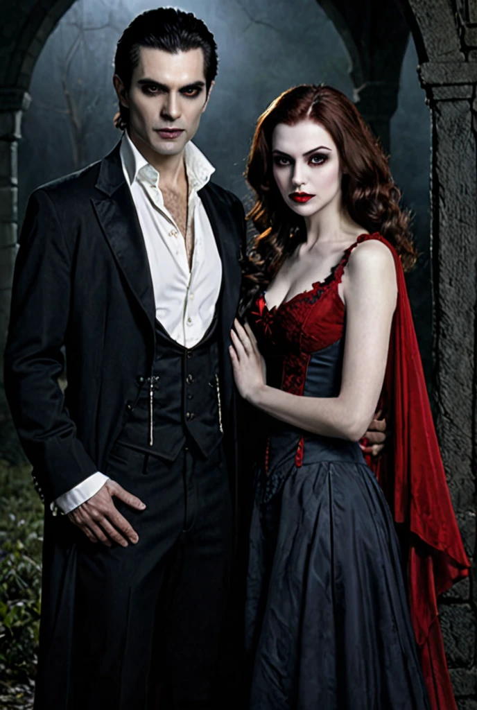 Create an image of a handsome vampire who has just emerged from their slumber and a beautiful women beside him,  The vampire should be depicted as a creature of elegance and power, with long, flowing hair and sharp, angular features. Their skin should be pale and flawless, with a subtle hint of otherworldliness. The vampire's eyes should be deep and alluring, with a predatory gleam that hints at their insatiable thirst for blood. They should be dressed in attire that is both modern and timeless, with a style that suggests a long history of living among humans. As they emerge from their slumber, the vampire should be shown with a sense of calm confidence, exuding an aura of danger and intrigue. The background should be shrouded in shadow, with just a hint of moonlight filtering through the darkness. In the vampire's hand, there should be a small vial of blood, freshly drawn from their latest victim. The vampire should appear both satisfied and slightly unnerved by their own hunger, as though they are aware of the danger they pose to those around them.