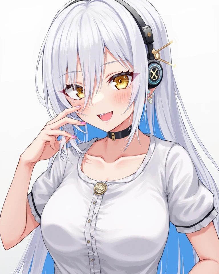 A 20-year-old female angel with long hair, white hair, yellow eyes, cat ears, breasts, and white angel wings. A glowing yellow halo ring overhead. Wear round glasses (White halter turtleneck sweater, white purekiller sweater, sleeveless, sexy backless sweater, white dress) white arm warmers Open mouth, stick out tongue, hold up two fingers, bedroom