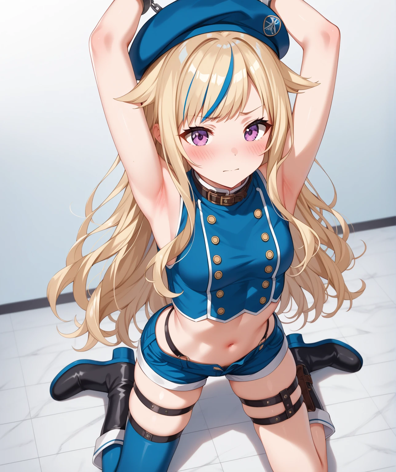 highest quality、High resolution、detailed background、cute hairstyle、sexy sailor suit、not wearing underwear、mini skirt、underboob、underboobが見える、underboobを強調する、emphasize big breasts、sexual expression、camel toe、squat down、looking at me with a troubled face