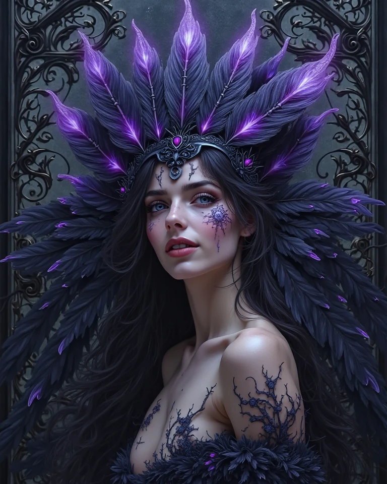 beautiful woman with beautiful wings enlaced a beast adorned look like hellish Monster. Inspired by Louis Royo's universe, this art form captures the essence of Royo's dark aesthetic.