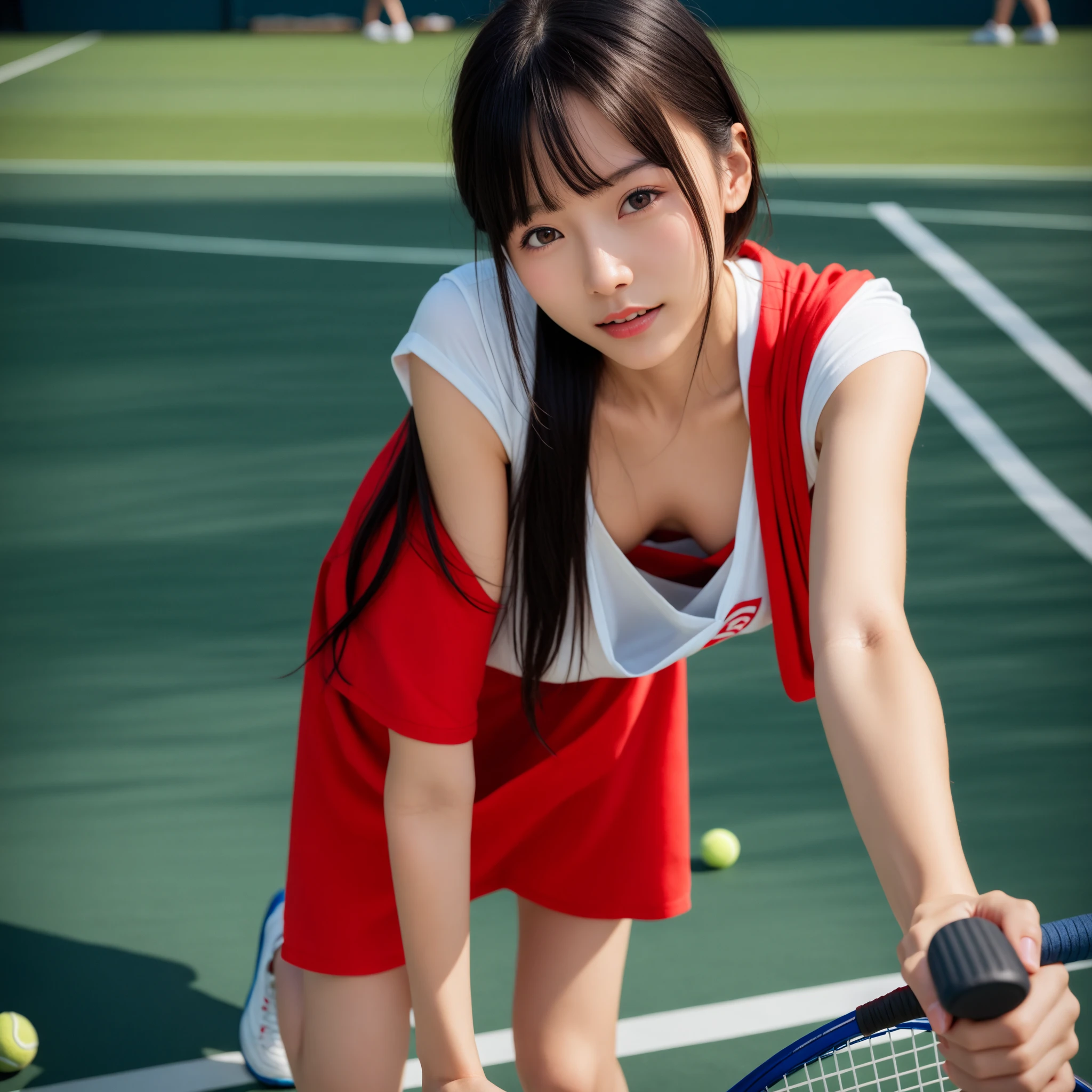 ((realistic lighting, highest quality, 8K, masterpiece, medium shot: 1.3)), clear focus: 1.2, 1 girl, perfect figure: 1.4, plump bust,((black hair)),((long hair that reaches down to the chest)),((With bangs)),(tennis wear: 1.4), inside the indoor changing room, locker in the background,sitting on the floor,White panties are visible,Moderately thin calves,exposed thighs,white ankle-length socks,white sneakers,super fine face, fine eyes, double eyelid,(white pleated mini skirt), (white polo shirt),Taking a selfie with a black smartphone in his right hand,Your face is hidden by your smartphone