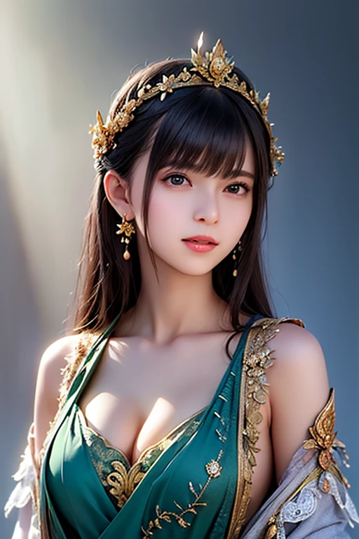 Egyptian Fashion、Queen Cleopatra,1 very cute girl、18-year-old girl、Black Hair、(whole body),(sexly,Cleavage),Look forward,A light smile, Colorful gel background、Fractal Background、Perfect lighting、Sharp focus、High resolution、High resolution、High color rendering、High resolution、Ultra-realistic、Photo Real