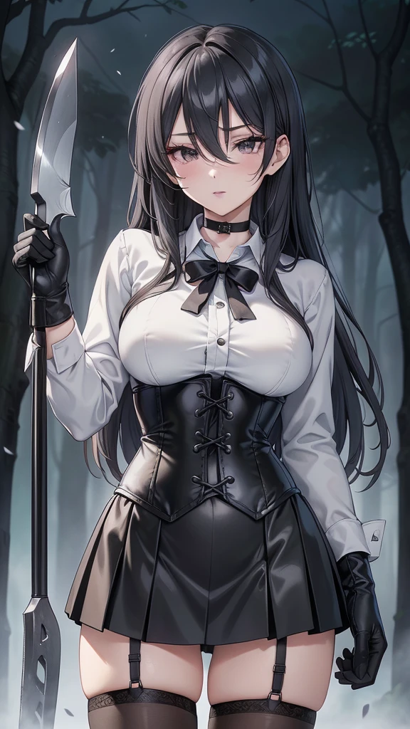 ((blood droplets)), ((blood)), ((blood splatter)), ((blood on clothes)), ((blood stain)), Masterpiece, Beautiful art, professional artist, 8k, art style by sciamano240, Very detailed face, Detailed clothing, detailed fabric, 1 girl, View from above, lying completely on the ground, perfectly drawn body, terrified expression, pale skin, beautiful face, long black hair, Blue eyes, very detailed eyes, pink cheeks, choker:1.6, (white collar button down long sleeve shirt), black gloves, gloves that cover hands, (holding an ax in his right hand), (black leather corset), (shiny black miniskirt), Sensual Lips , evening de invierno, show details in the eyes, looking at the viewer, Dark road, Snowy forest, evening, Atmosphere, snow