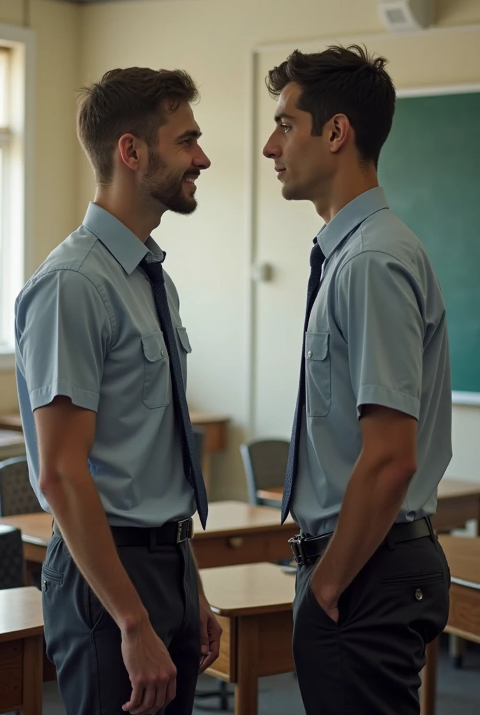 They are a teacher and a student in a room... One of them is getting his ass fucked..., Pose dominante, Poses elegantes, Escena completa filmada, angled shot, en la oficina, foto de perfil, Pose segura, en un escritorio, gay