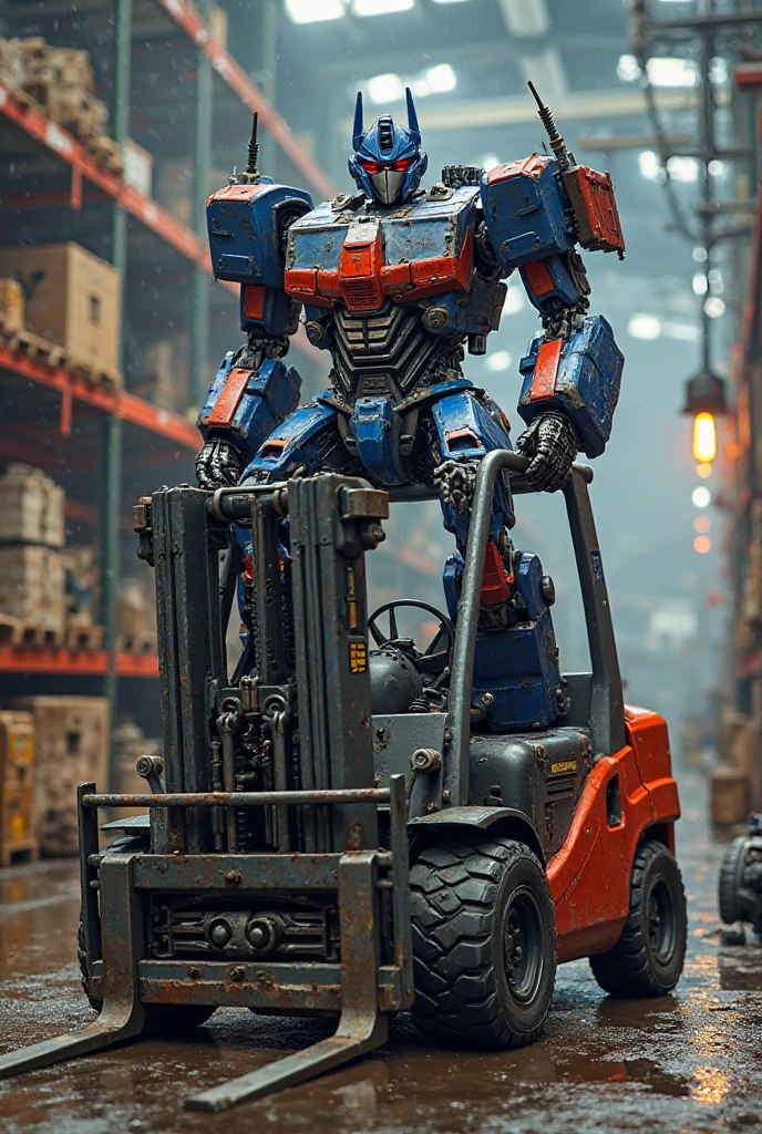 Create image of Transformer soundwave sitting on a Toyota forklift in an industrial work environment