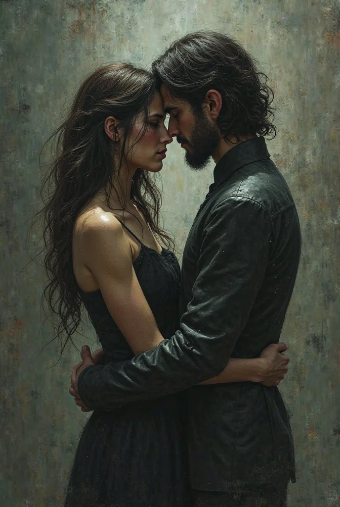 A sad mood, a dark atmosphere, a woman and a man are together, crying out for it.