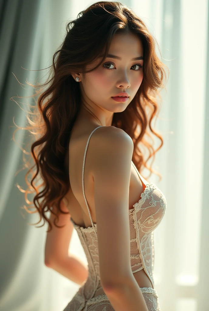 (masterpiece:1.4), (8K, realistic, Raw photo, highest quality: 1.4), Japanese, (1 girl), beautiful face, (realistic face:1.4), (caramel hair, long hair:1.3), beautiful hairstyle, detailed and beautiful eyes, Charm, ultra high resolution, surreal, very detailed, Best ratio, (detailed face:1.4), looking at the viewer, red lipstick, (Best ratio fingers:1.5), (blue eyes:1.0), realistic big breasts, (closed mouth:1.5), slender body, (I can see the whole body:1.5), fine skin, Lace Trim Dresses, deep low neck, cleavage, dynamic pose, fascinating, full length frame, High detail RAW color art, earrings, diffused soft lighting, shallow depth of field, sharp focus, hyper realism, cinematic lighting，cowboy shot