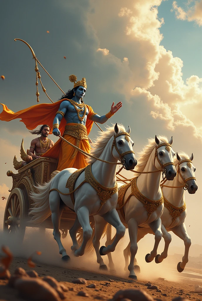 painting of a man riding on a white (Lore Krishna) 5 horse with a chariot, beautiful god rays, chariot, by Jitish Kallat, mythological painting, bright godrays, vishnu, inspiring art, version 3, masterpiece', breathtaking art, samikshavad, ancient kings in white robes, by Bholekar Srihari, from Mahabharatha epic story, Warrior Arjuna sitting behind Lord Krishina, Aiming arrow upwrds in the sky, 4K, Super detailed, (Dynamic configuration:1.4), Very detailed, Colorful details,( Rainbow-colored:1.2), (Shining Lights, Atmospheric lighting), dream-like, Magic, (alone:1.2), in this dream-like magical setting.,style 3D art, side pose, (Warm light source:1.2), (fire Fly:2.2), (nebula:1.3), 4K, Super detailed, (Dynamic configuration:1.4), HD Pixar detailed, Colorful details, (masterpiece:1.2), (highest quality), bending your visual