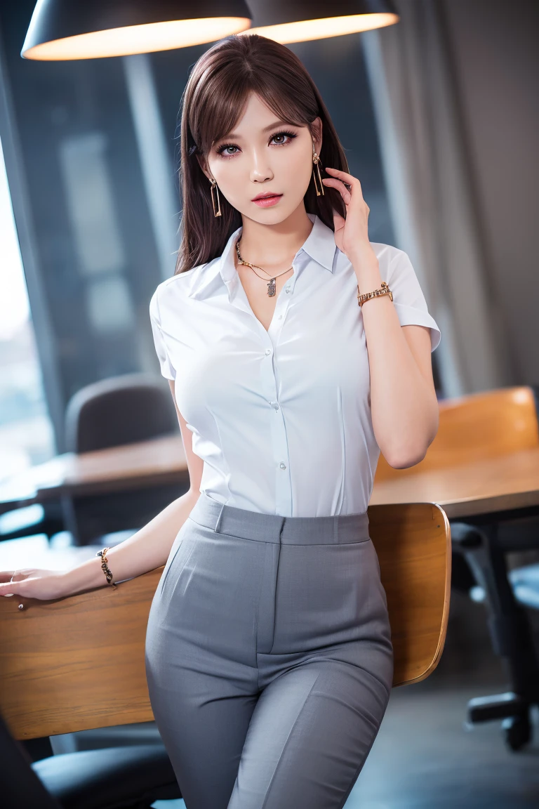 (Best Quality, 8K, masutepiece, Ultra HD: 1.3), 1girl in, mideum breasts, light brown hair, Blunt bangs, hair behind ear, Hair on the shoulders, Long hair,  Slender body type, ultra detail face, Delicate lips, Beautiful eyes, Double eyelids, lipsticks,invite a man&#39;s expression, Ultra-thin pointer, Ultra-fine fingers, shirt with collar, tight skirts , beautiful legs ,pump.s Office