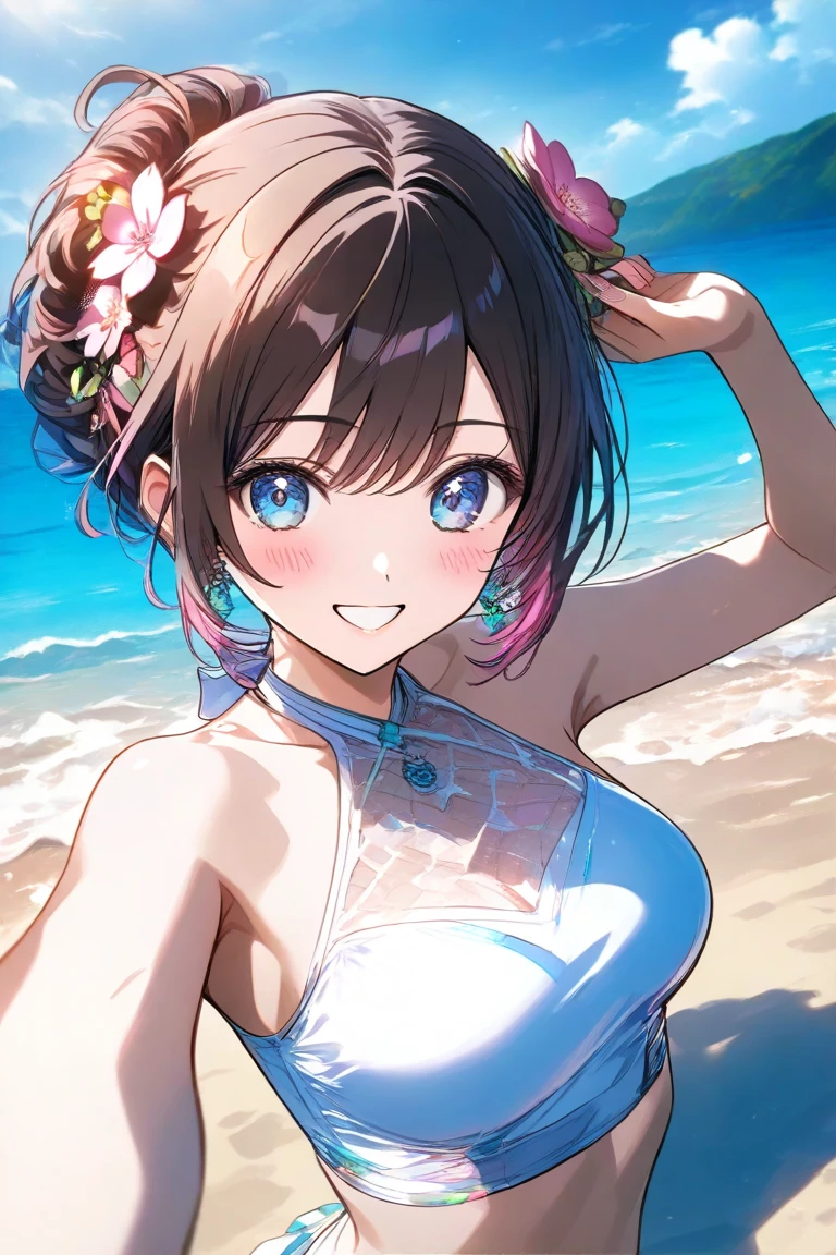 ((best quality)), ((masterpiece)), (detailed), perfect face, girl,  long hair, 热带Ocean滩主题，Smile，Ocean，swimsuit，Close-up shot，Upper body，short hair