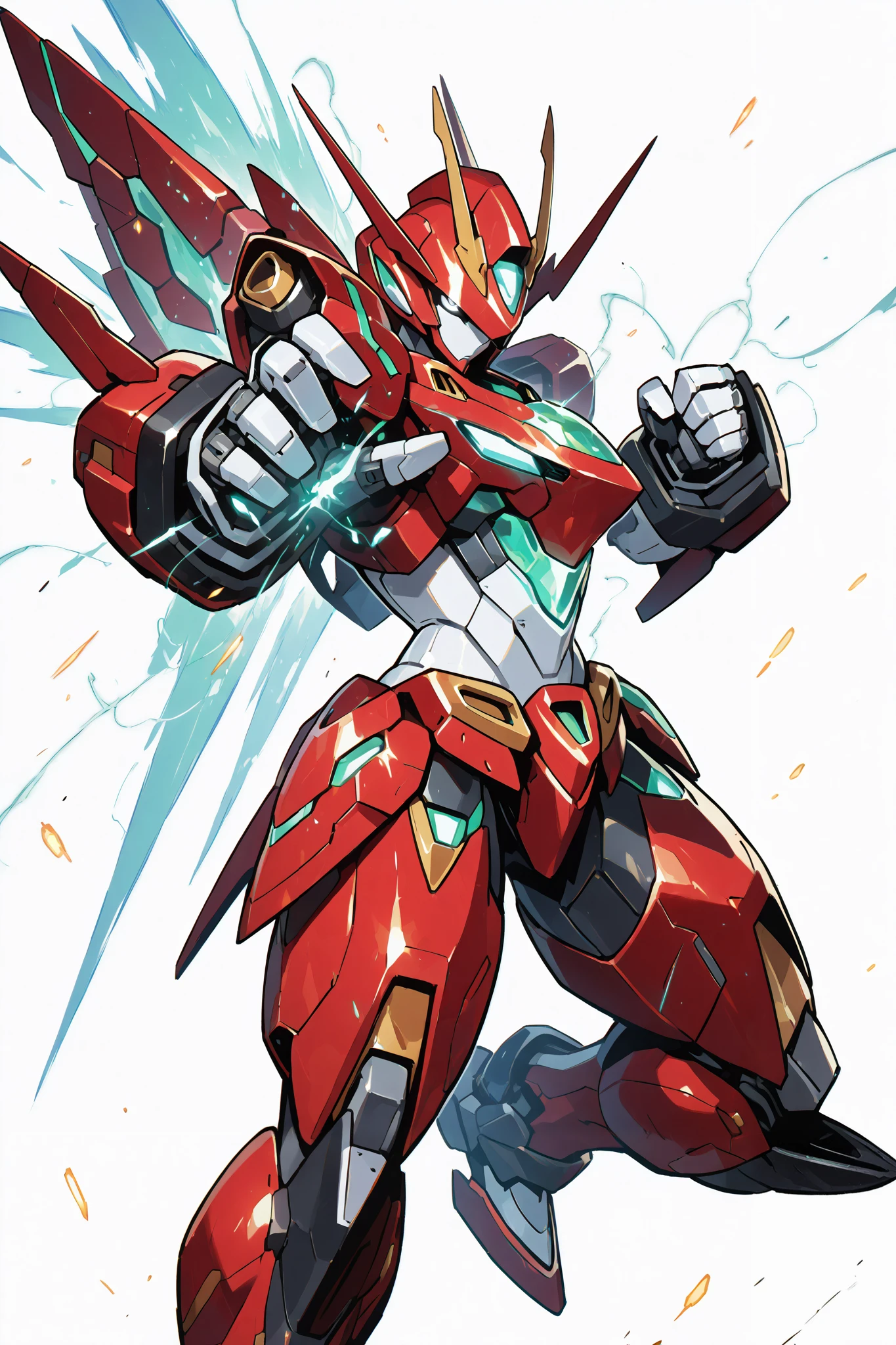 solo, silhouette, shadow Mecha, Female, Female character, wallpaper quality, on a loading screen, fighting stance, solo, aura, waist up, (human female body, Mecha Appearance,) red and green mecha, sinister stare, neon lighting, white eyes, white sclera, glowing white eyes, (Mecha Armor:1.5), masterpiece, Sparks in background ((Simple White background)), correct anatomy, correct hands, best quality,