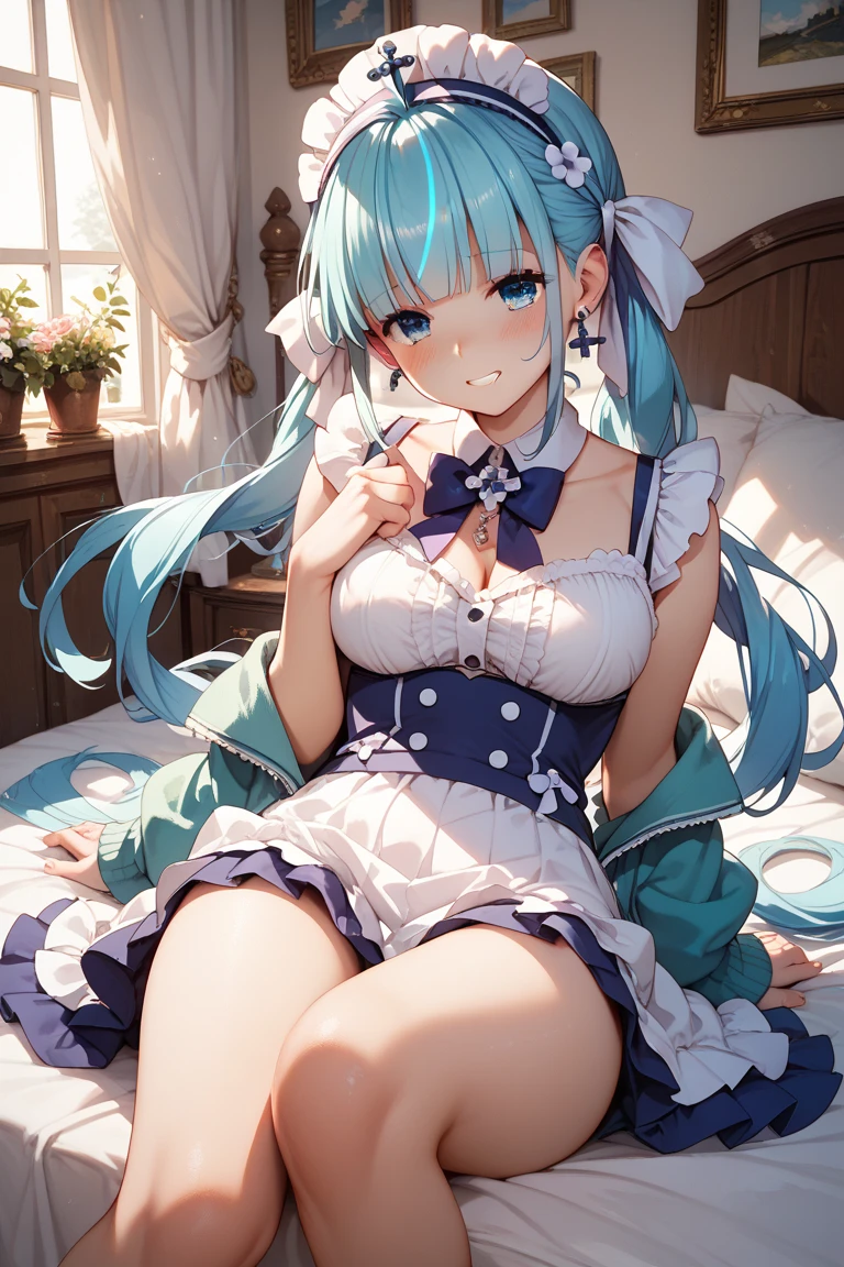 (Intricate and highly detailed illustration:1.8)、Cute Shota、Cat-eared teenager、Light blue long hair,frilly camisole bikini with frill skirt,lying on side,Very thick thighs,thigh gap,