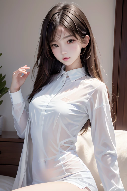a medium shot of a blonde Instagram model, wearing sheer shirt, smirking, flirting with camera, closeup, bending