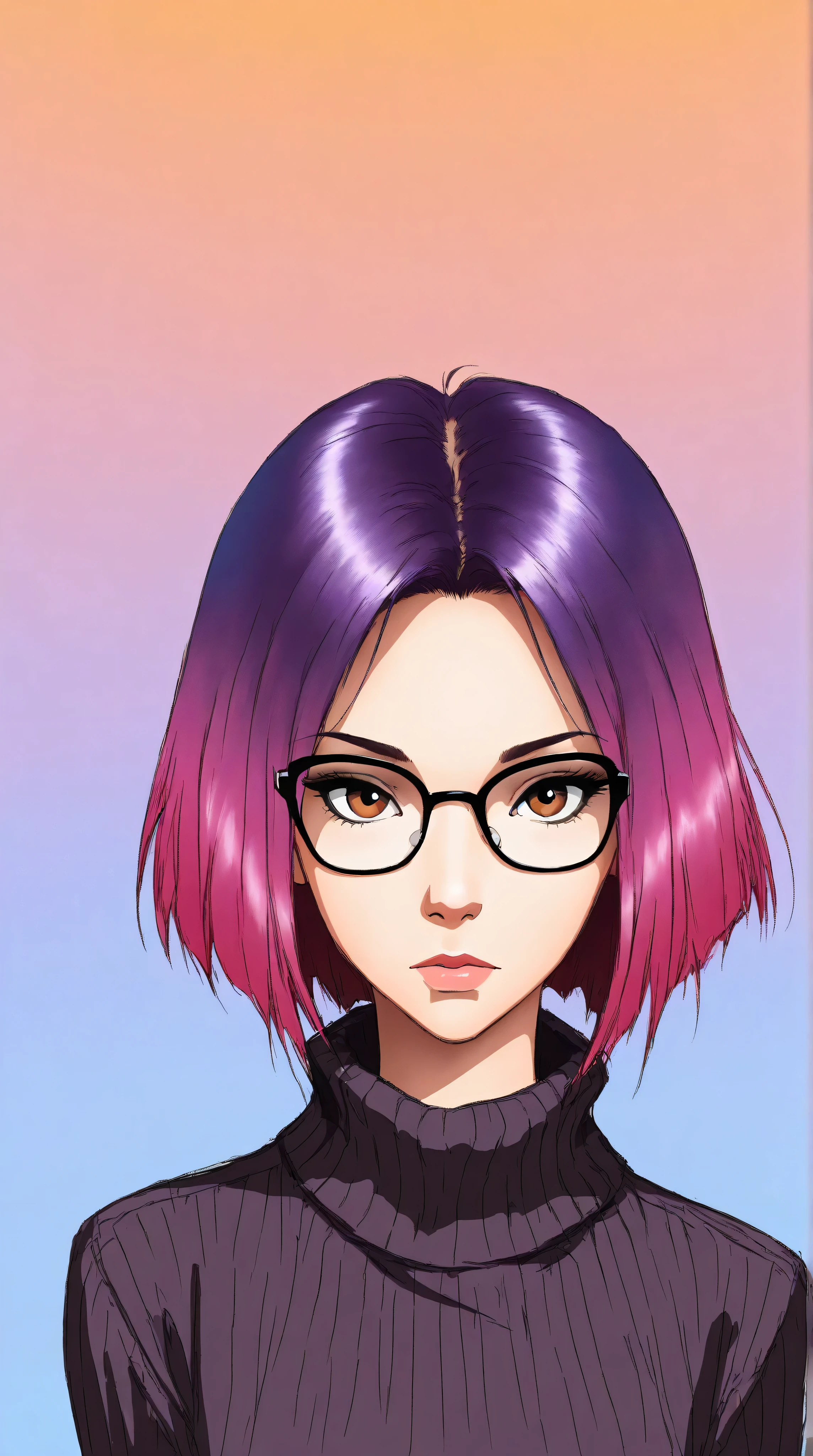 (best quality, sketch:1.2),realistic,illustrator,anime,1 girl, detailed lips, sweater, custom, red gradient background, neon hair, reddish purple hair, straight bobbed hair, no bangs, Forehead showing, wearing glasses, dour, expressionless, critical, mysterious, cool vibes, textured cropping, masterpiece, style retro classic, noir dark