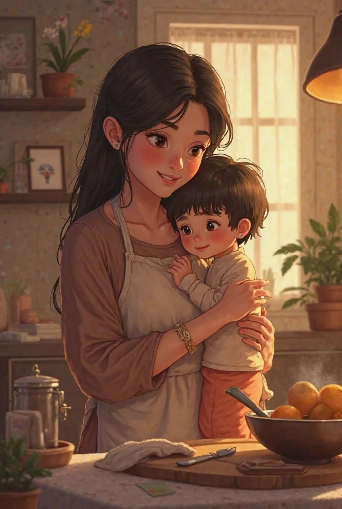 score_9, score_8_superior, score_7_superior, sauce_anime, One boy, One girl, Mature woman 45 years old, Mother and son, hug, smile, Expectant mom, Put your hands on your head, Kneel,juvenile