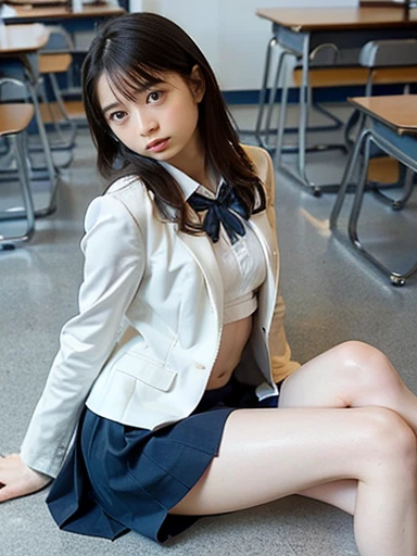 8k, highest quality, The real picture, Intricate details, Very detailed, Ultra-high resolution, Depth Field,(Realistic), (Realistic:1.2), (whole body:1.3), (Crying face:1.1), (tears:1.1), (Lament:1.1), Sitting in a chair, 1 Japanese girl, (Small eyes:1.3), Very beautiful 17 year old girl, (Beautiful breasts:1.5, Very detailedな目:1.2), (Beautiful breasts:1.1), (Small breasts:1.2), (Wavy Hair)、(Curly Hair)、bangs, Perfect Skin, Fair skin,( Big Hips:1.1), (Thick thighs:1.1), (Thick legs:1.1), Tight waist, Small face, alone, (put your knees together), (Place your hands between your legs), Looking at the audience, (School_uniform),(Dark Blue Blazer), (White shirt、Wear a tie), (Grey pleated skirt), (Sculptural installation :1.1), Abstain from class、((Boyfriend and girlfriend having sex:1.5))、((Sexual pose:1.5))、((Normal position:1.5)) 、((Spread legs POV:1.5))、((Beautiful areola:1.5))、((Nipple erection:1.5))、((Beautiful pussy:1.5))、((A thin layer of sweat:1.5))、((Insert your into your:1.5))