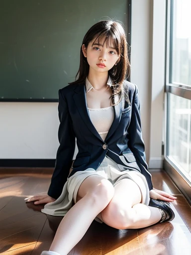 8K, best quality, real image, Intricate details, Super detailed, Ultra-high resolution, depth field,(Practical), (Practical:1.2), (whole body:1.3), (crying face:1.3), (tears:1.2), (lament:1.3), sit on the chair, 1 Japanese girl, (Small Eyes:1.2), Very beautiful 17 year old girl, (Beautiful breasts:1.5, Very detailed eyes:1.2), (Beautiful breasts:1.1), (Small Breasts:1.2), (curls)、(curls)、Bangs, Perfect skin, White skin,( Huge buttocks:1.1), (Thick thighs:1.1), (Thick Legs:1.1), Tight waist, Solitary, (Knees together), (Put your hands on), Looking at the audience, (School_),(Dark blue suit jacket), (White shirt、Wear a tie), (Grey pleated skirt), (sculptural installation :1.1), Recess