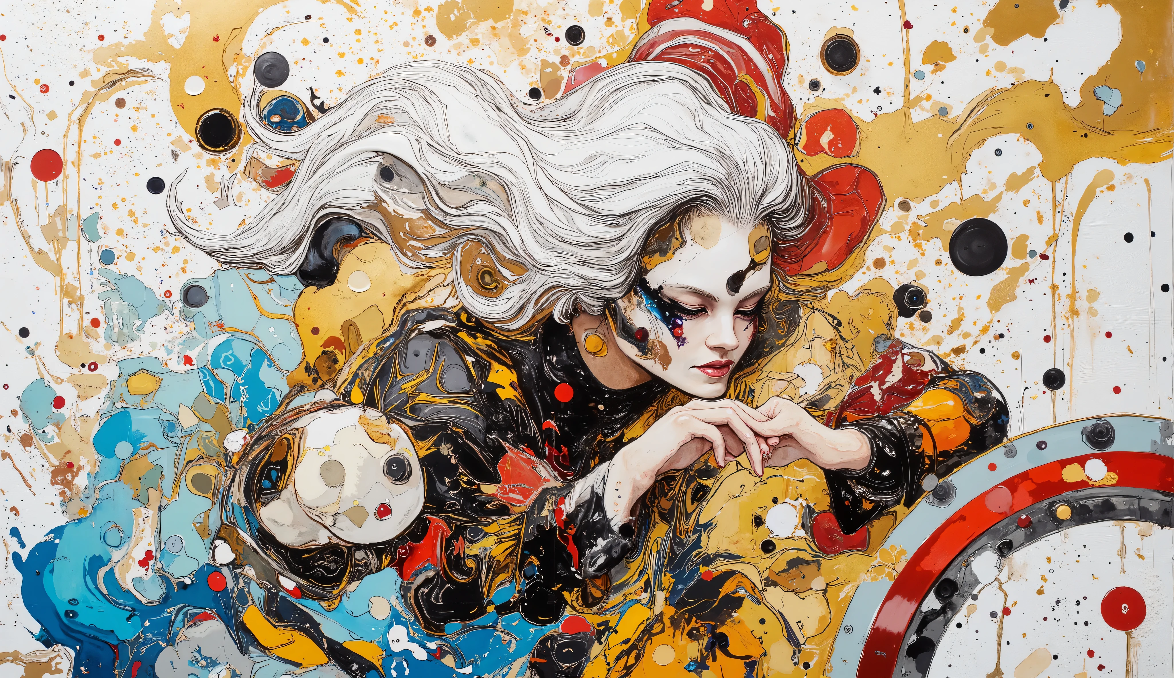 A whimsical fusion of patterns and colors brings to life an imaginative scene, featuring a central figure with flowing white hair and striking makeup, exuding an air of mystery. She is enveloped in a rich tapestry of bold geometric designs and organic motifs, intertwined with abstract forms . The background, rendered in white and gold tones with a textured pattern, supports the foreground's intricate details, while the visual balance is accentuated by elongated limbs and playful, exaggerated features. This artwork blends elements of surrealism and modern illustration, inviting viewers into a dreamlike narrative filled with expressive energy and captivating visual storytelling.