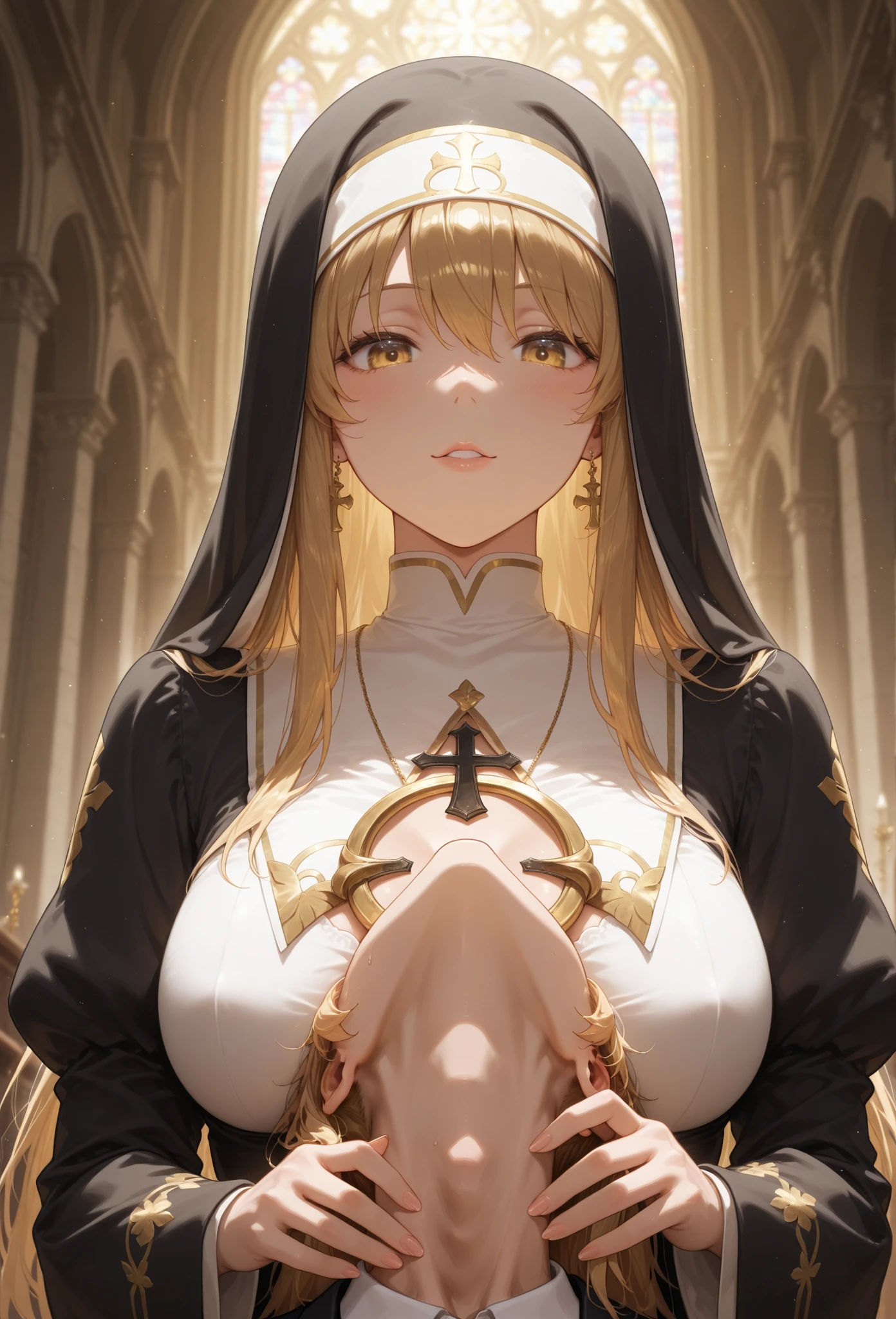 swordmaiden, <lyco:swordmaiden-lyco-nochekaiser:1>,
sword maiden, long hair, blonde hair, blindfold, (black blindfold:1.2), (large breast:1.2),
BREAK dress, necklace, white dress, sandals, habit,,
BREAK looking at viewer, (cowboy shot:1.5),
BREAK indoors, church,
BREAK <lyco:GoodHands-beta2:1>, (masterpiece:1.2), best quality, high resolution, unity 8k wallpaper, (illustration:0.8), (beautiful detailed eyes:1.6), extremely detailed face, perfect lighting, extremely detailed CG, (perfect hands, perfect anatomy),