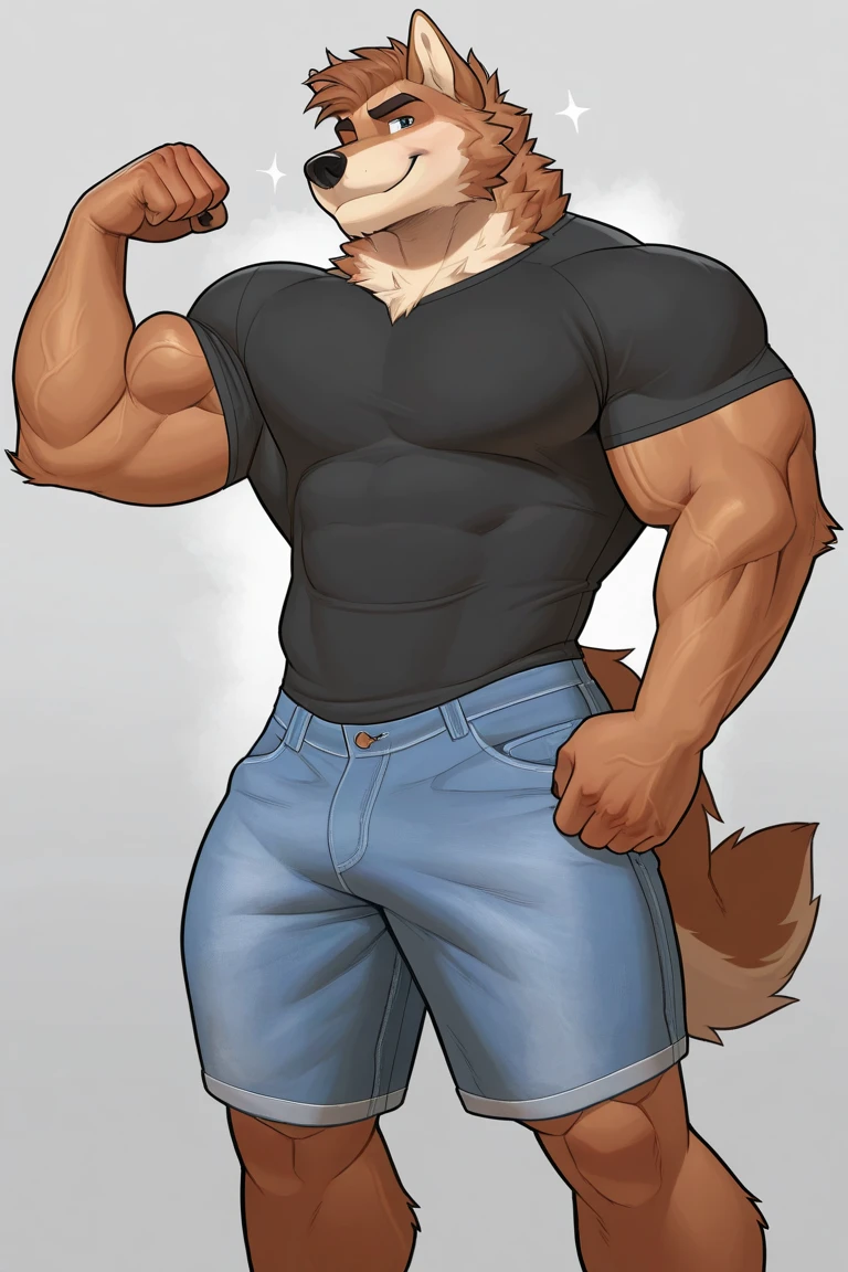 Muscular gay horse in shorts with a large detailed dick