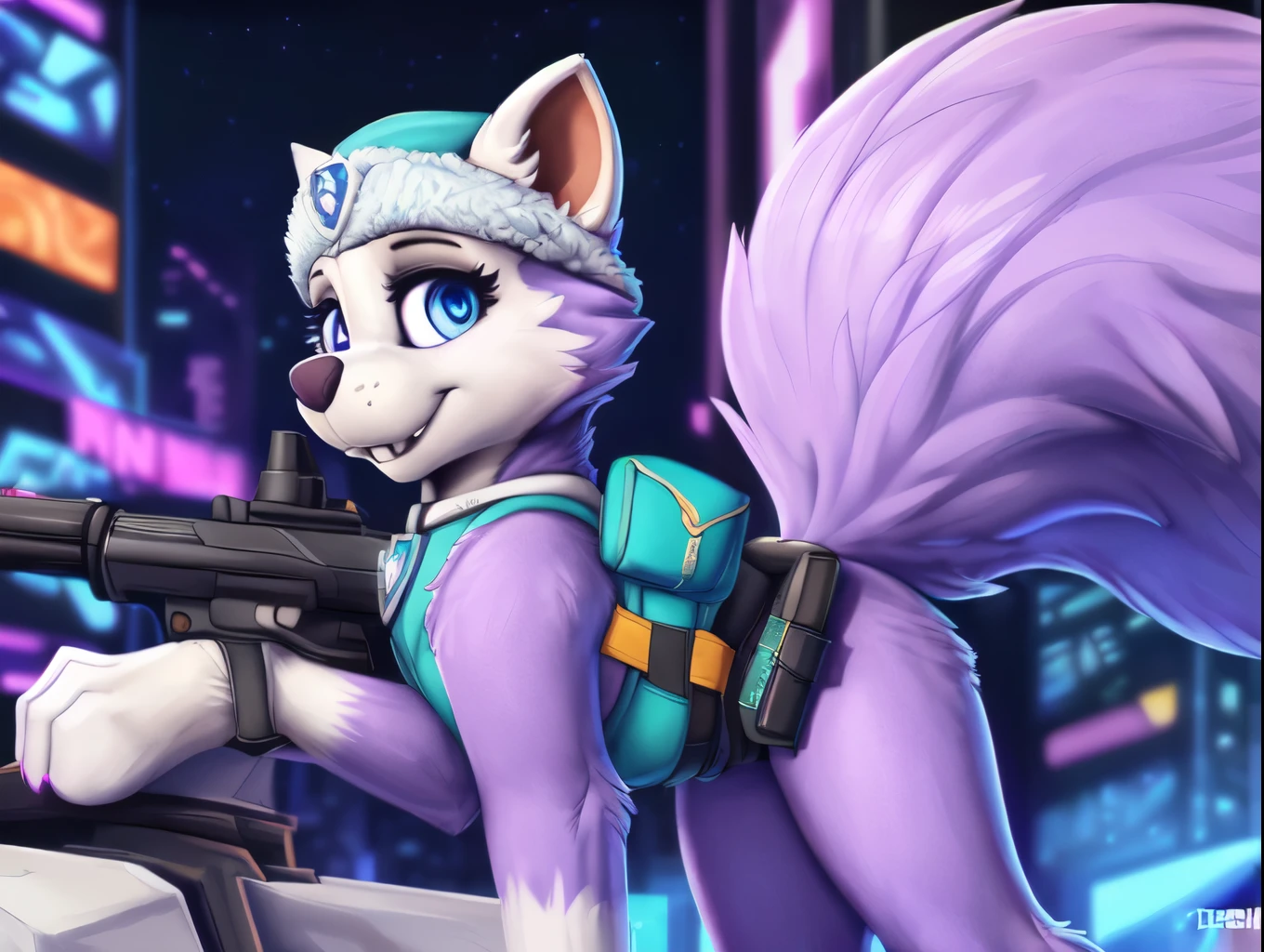 Everest, ((Paw Patrol)), ((female solo)), domestic dog, female, adult female, blue eyes, (((purple fur)), ((purple body)), (wearing Paw Patrol gear:1.25), (wearing Paw Patrol bagpack:1.45), (wearing a gun holster:1.65), (feral:1.25), (quadruped:2.25), ((wearing aqua winter hat)), ((sharp teeths)), ((large fangs)), blue eyes, (Shiny eyes:1.6), ((Pixar eyes)), perfect eyes, ((glowing eyes)), (hyper realistic:1.65), long fluffy tail, very large tail, tail up, very furry and fluffy, ((very large fangs)), smiling, perfect ligthing, (Cyberpunk city background:1.25), ((many hearts all over the screen)), (back side view:1.45), looking at Viewer, ((seductive break)), ((spread legs)), spread legs, (rajii:1.1) (dimwitdog:1.1), (thesecretcave:1.25), (cooliehigh:1.1), (miles-df:1.1), (complextree:1.1), (pixelsketcher:1.1), (foxovh:1.1), (zaush:1.1), (avante92:0.70), (meesh:1.1), (inu-sama:0.80), (cervina7:1.1), (F-R95:0.70), (R-mk:1.1), (xpray:1.1), (standing tall:1.65), (large fluffy tail:1.65), (close up to face:1.25)