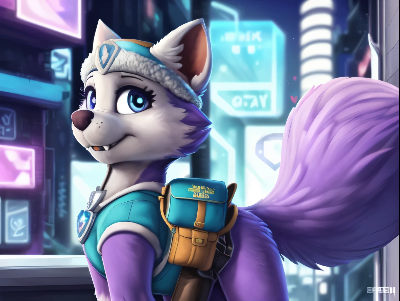 Everest, ((Paw Patrol)), ((female solo)), domestic dog, female, adult female, blue eyes, (((purple fur)), ((purple body)), (wearing Paw Patrol gear:1.25), (wearing Paw Patrol bagpack:1.45), (wearing a gun holster:1.65), (feral:1.25), (quadruped:2.25), ((wearing aqua winter hat)), ((sharp teeths)), ((large fangs)), blue eyes, (Shiny eyes:1.6), ((Pixar eyes)), perfect eyes, ((glowing eyes)), (hyper realistic:1.65), long fluffy tail, very large tail, tail up, very furry and fluffy, ((very large fangs)), smiling, perfect ligthing, (Cyberpunk city background:1.25), ((many hearts all over the screen)), (back side view:1.45), looking at Viewer, ((seductive break)), ((spread legs)), spread legs, (rajii:1.1) (dimwitdog:1.1), (thesecretcave:1.25), (cooliehigh:1.1), (miles-df:1.1), (complextree:1.1), (pixelsketcher:1.1), (foxovh:1.1), (zaush:1.1), (avante92:0.70), (meesh:1.1), (inu-sama:0.80), (cervina7:1.1), (F-R95:0.70), (R-mk:1.1), (xpray:1.1), (standing tall:1.65), (large fluffy tail:1.65), (close up to face:1.25)