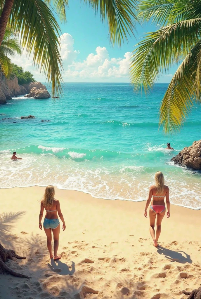 Beautiful beach with many girls in bikinis walking on the white sand