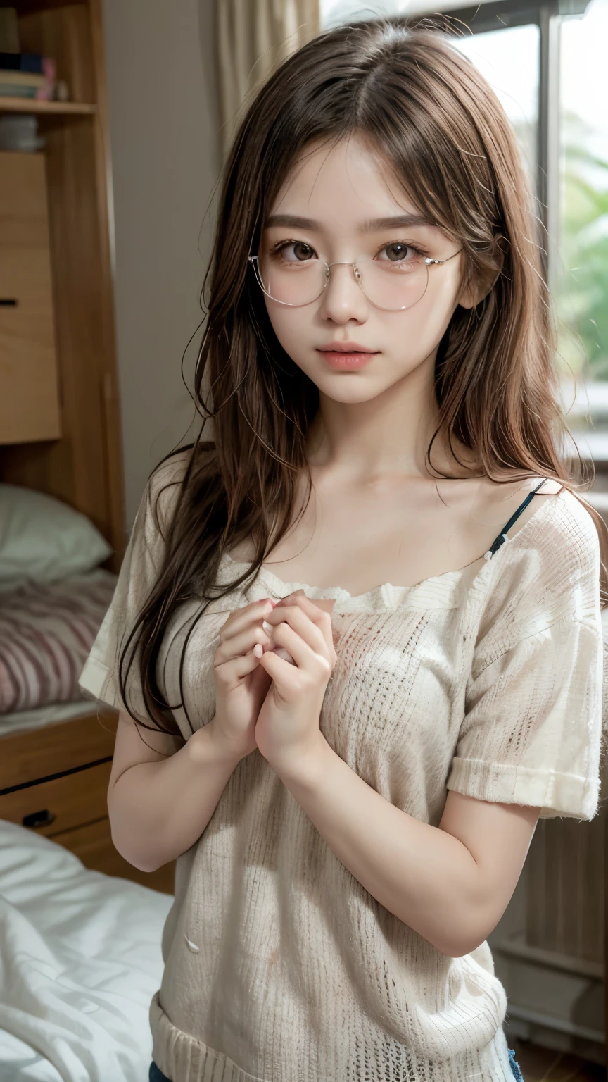 Top quality, one beautiful woman, 20 years old, 35mm lens, f/1, dark brown eyes, glasses, braids, black hair, pale skin, medium chest, slendar body, white pajamas, ((see through)), bed, brownn eyes, shy, room light, night, look at viewer