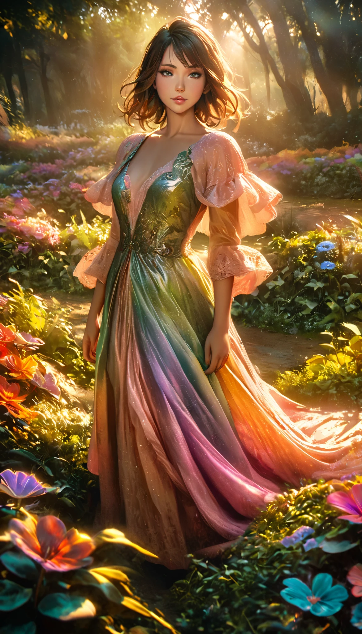 Beautiful Forest Dawn , idyllic, magic, majestic, Spectacular Lighting , 8k, 1 girl, detailed face, detail eyes, detailed lips, Long Lashes, Beautiful Dress , gentle expression, Bushes green, Colorful Flowers, sun rays , Photorealistic, like the movie, Warm colors, Dramatic Lighting, complex details