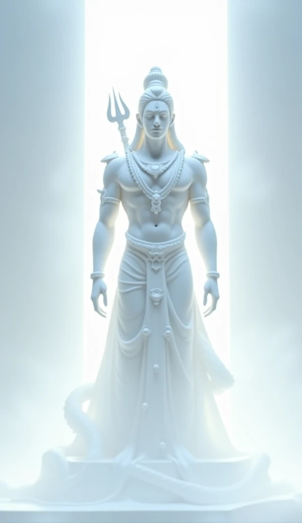 Very delicate full body image of Lord Shiva made of glass, translucent grey, decorated with small gold and red ornaments. Beautiful and intricate details, shimmering light. Finest quality glass art.