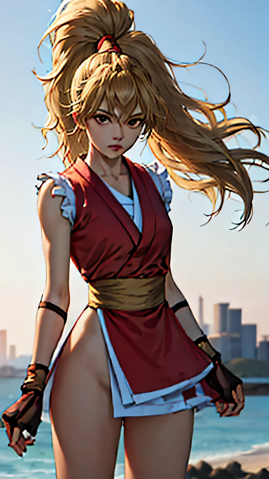 masterpiece, best quality, beautiful art, high resolution, well formed hands, body and fingers, 1 woman, solo , grown up, adult, medium breasted, japonesa, Maki Genryusai, long hair , blond_hair, brown eyes, hair ribbon, ponytail, gorgeous legs, fury