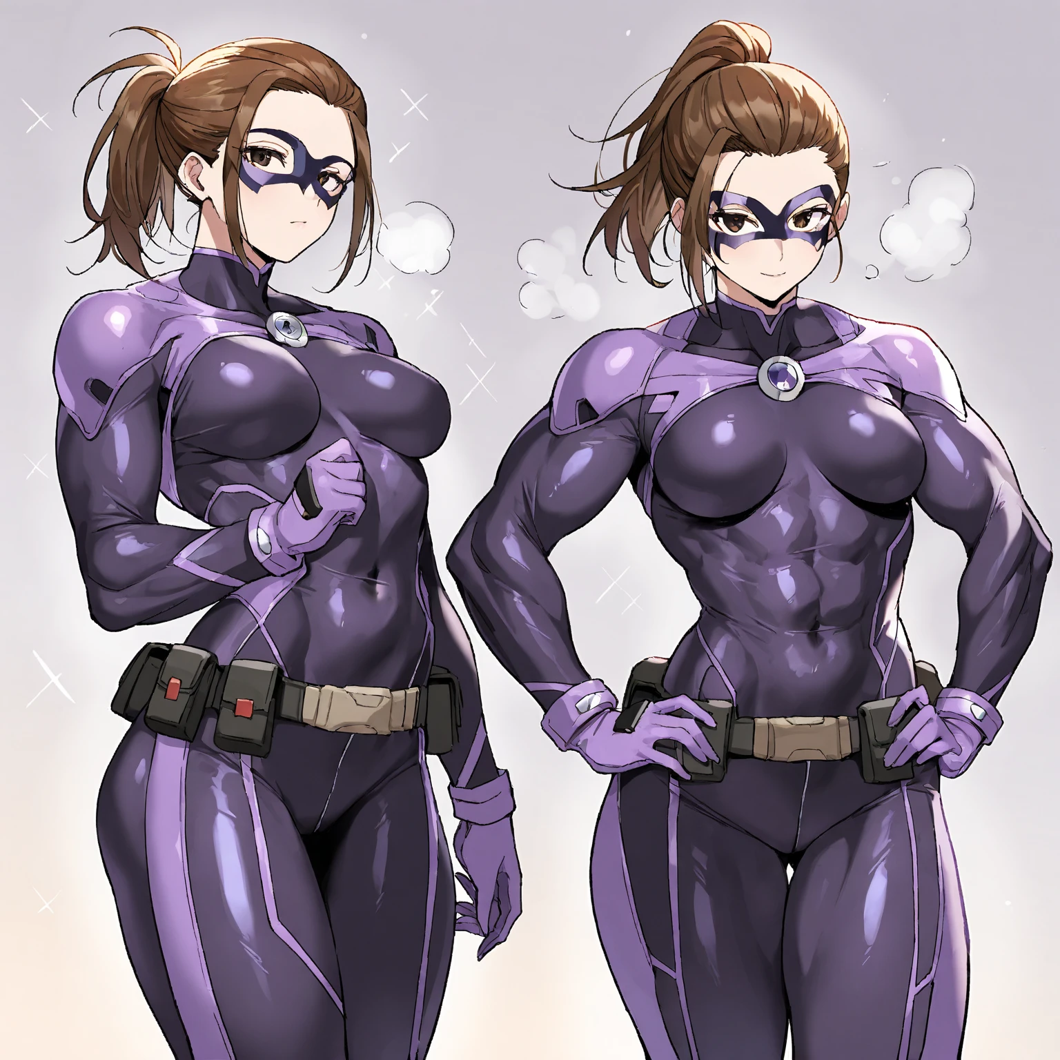 digital anime art, highly detailed, reference sheet, standing pose, feminine features, mature woman, adult female, buxom figure, whole body, bald, form-fitting, zipper pulled down to chest, catsuit, heels, 1woman, solo, upper body, lower body, ((Extremely Detailed)), ((Best Quality)), ((Masterpiece)), ((4k)).