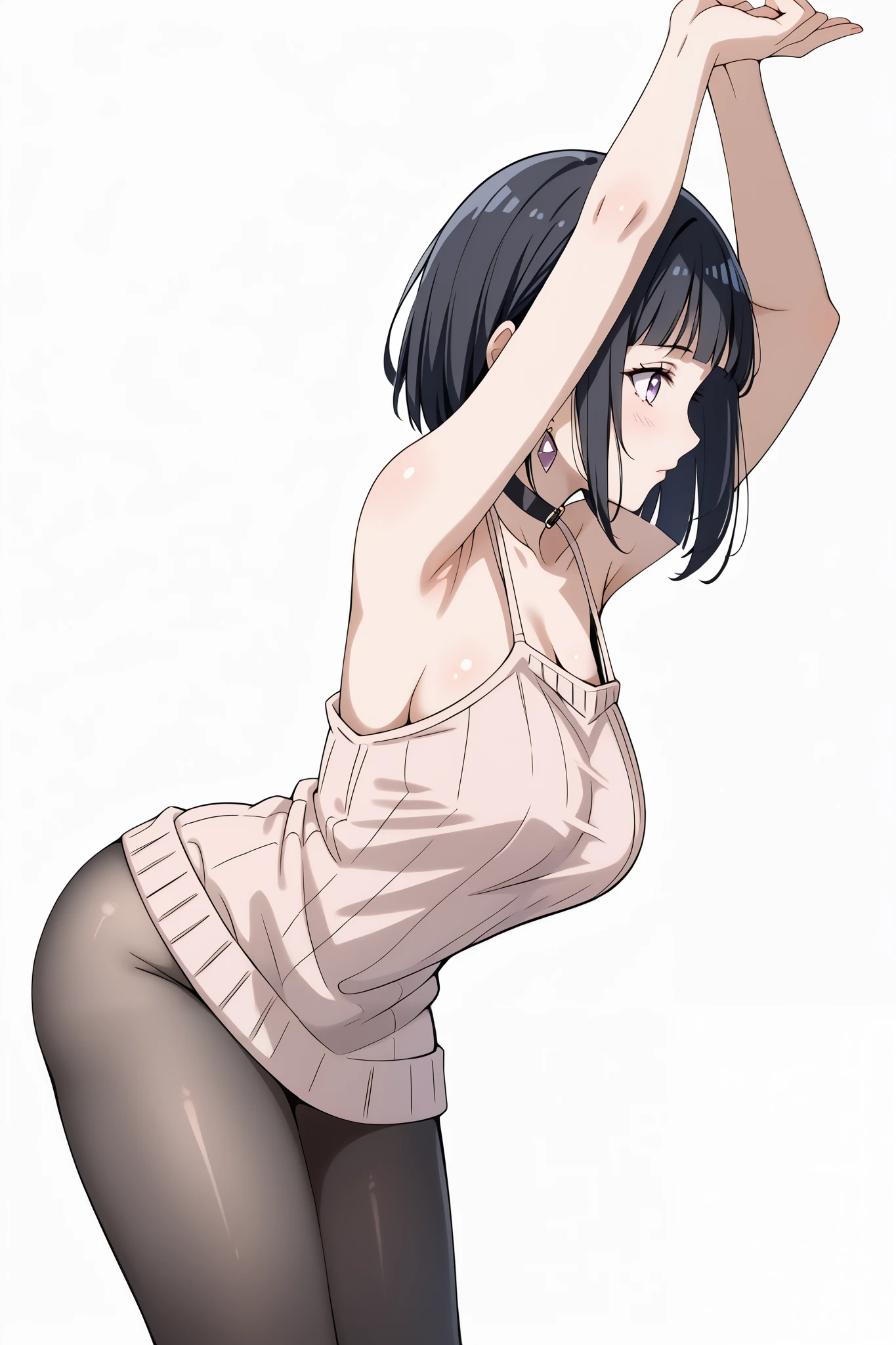 score_9, score_8_up, score_7_up, source_anime, 4K,perfect fingers,(perfect hands, perfect anatomy),prefect lighting, very aesthetic, intricate details,highly detailed background, masterpiece, high quality, best quality,
1girl, hinata_boru, bangs, short hair, black hair, huge breast,dense chest,
wearing ((pantyhose, choker, earrings, jewelry, sweater, collarbone, black_choker, off_shoulder, dress, bare_shoulders, )) ,,
sweating, ((white plain background)), confident yet elegant expression, cowboy shot, filed, Arms up,armpits , high thigh individual ,  ((leaning forward:1.5)), ((Side View:1.5)),