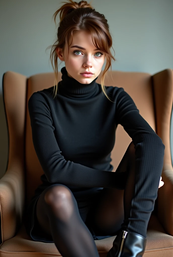brown hair color、short hair、hair pulled back、ponytail、cute face、 she wears a turtleneck and a skirt.、she has blue eyes、black pantyhose、sitting on a chair、crossed legs、wearing black knee high boots、adult german woman、full body portrait、indoor.、