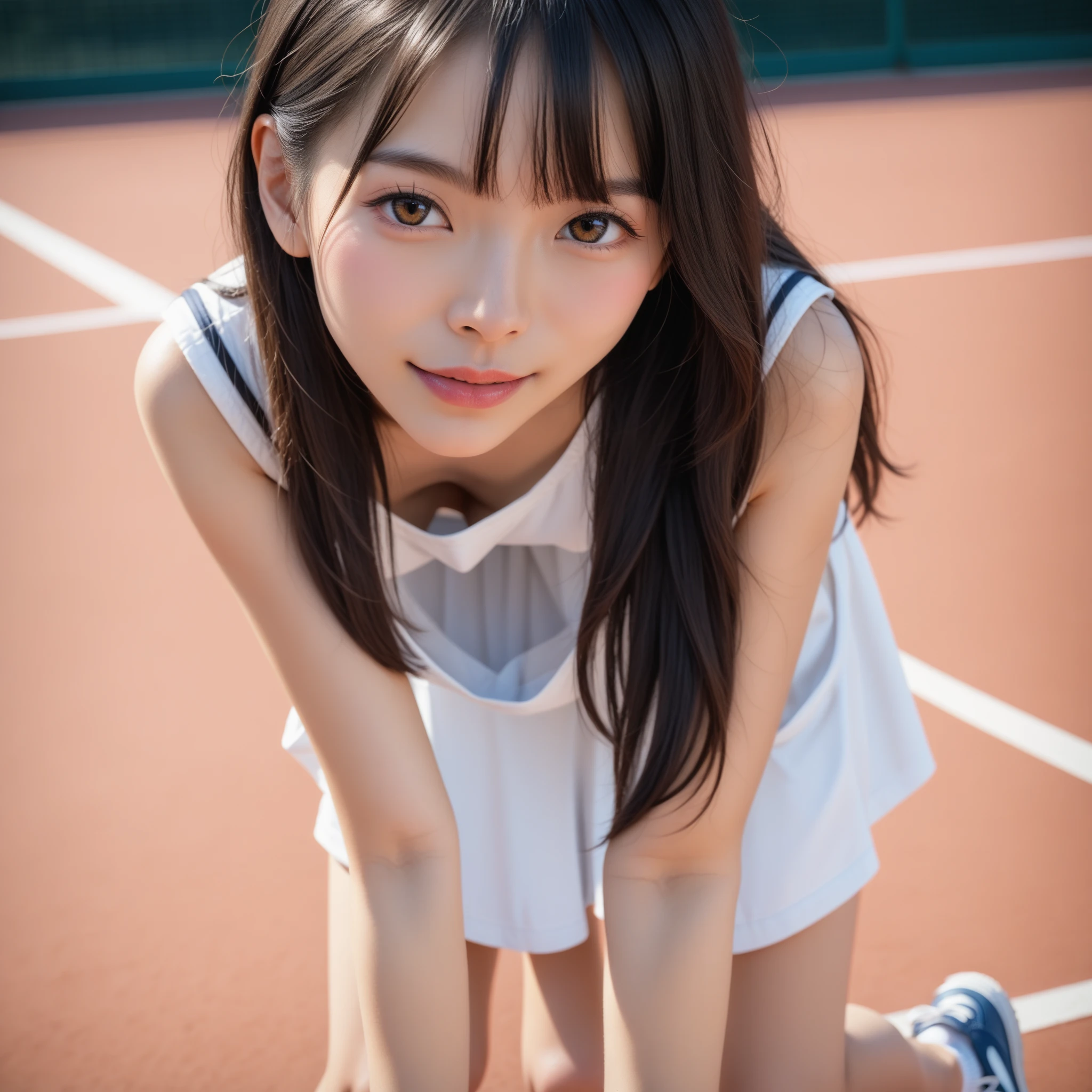 masterpiece, high-quality, a young woman, playing tennis, wearing tennis wear, throwing the ball up to serve, perfect face, perfect hands