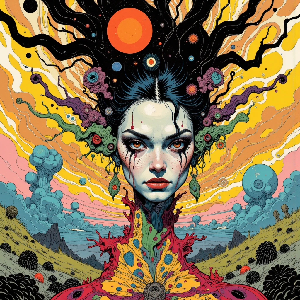 Drawing of a woman with flowers in her hair, Screaming Shadow, Roots and thorns, Featured on artstattion, Black paint runs down, heavy metal artwork, Two people, synesthesia, Comic Cover Art, In praise of the shadow that stands atop the intergalactic rift, Monster cephalopods, Dan DeCarlo, Heavily exaggerated proportions, Apocalypse, Live-action John Waters films, Inspired by Dong Yuan, Rick Amor, 2447, big horns, Mashup al3xxl