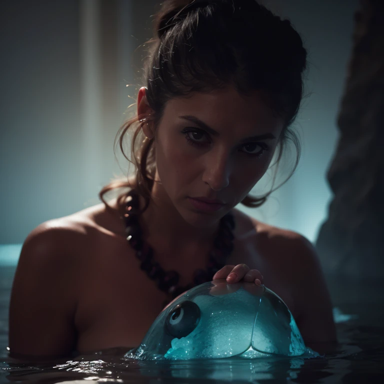 (Best quality, 8k, 32k, Masterpiece, UHD:1.2) water nymph welcomes you to her private cavern, deep underground, subterranean, jewelry, clothed, sfw, atlantis, warm light, bioluminescent, smile