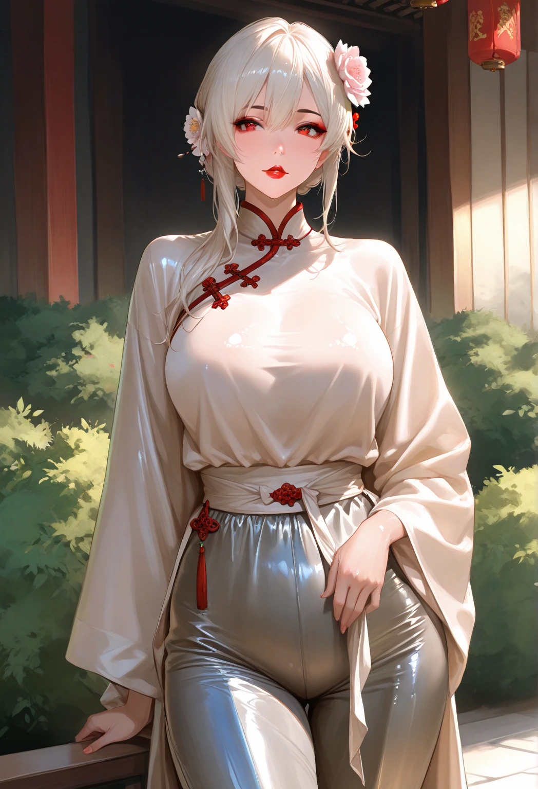beautiful woman，folk girl，long, White hair and black eyes,red eyes,ฉันมีเปียlongทางด้านขวา.，She is wearing a purple Thai dress.,กระโปรงไทยโบราณlong，holding a jasmine garland,countryside，countryside，beautiful scenery，Ayutthaya historical site，smile with teeth，forehead，forehead exposed，big ，rift, ,(2 young women ,beautiful woman),หน้าอกbig,Show your breasts,The cracks are clear....,((หัวนมbig))，(pubic bone), rift, visible chest,seductive pose,I see bulging nipples.,(((areolae ขนาดbig:1.4,pink,The nipples are clearly visible.......))),(Separate outfit showing nipples:1.4), (semi-naked:1.8)