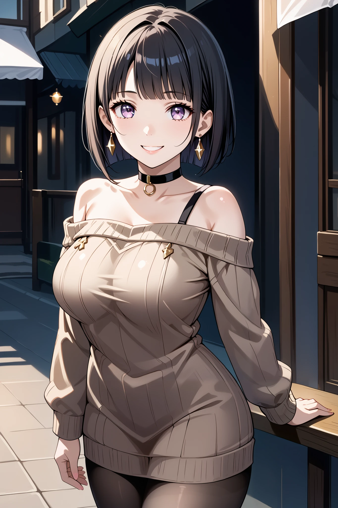 score_9, score_8_up, score_7_up, source_anime, 4K,perfect fingers,(perfect hands, perfect anatomy),prefect lighting, very aesthetic, intricate details,highly detailed background, masterpiece, high quality, best quality,
1girl, hinata_boru, bangs, short hair, black hair, huge breast,dense chest,
wearing ((pantyhose, choker, earrings, jewelry, sweater, collarbone, black_choker, off_shoulder, dress, bare_shoulders, )) ,,
gyaru, looking_at_viewer, smile,