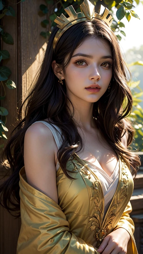 ( Absurd, High quality, ultra-detailed, masterpiece, concept art, smooth, highly detailed artwork, hyper-realistic painting )beautiful eyes(eyes detailed), Goddess, Greek mythology, Aphrodite, captivating and enchanting, commanding attention wherever she went, breathtakingly beautiful goddess with flawless features, skin was described as radiant and fair, often compared to the softness of freshly bloomed flowers, wavy blonde hair was a prominent aspect of her beauty. It was typically depicted as lustrous and flowing, often cascading in waves or curls down her shoulders and back, her hair colour  is golden blonde, eyes were enchanting and seductive, with a sparkle that could ignite passion and love , Aphrodite’s gaze had the power to captivate and inspire love in those who looked upon her, wearing elegant and ethereal garments. She adorned herself with exquisite jewellery , including necklaces, bracelets, and intricate accessories, with pink dress