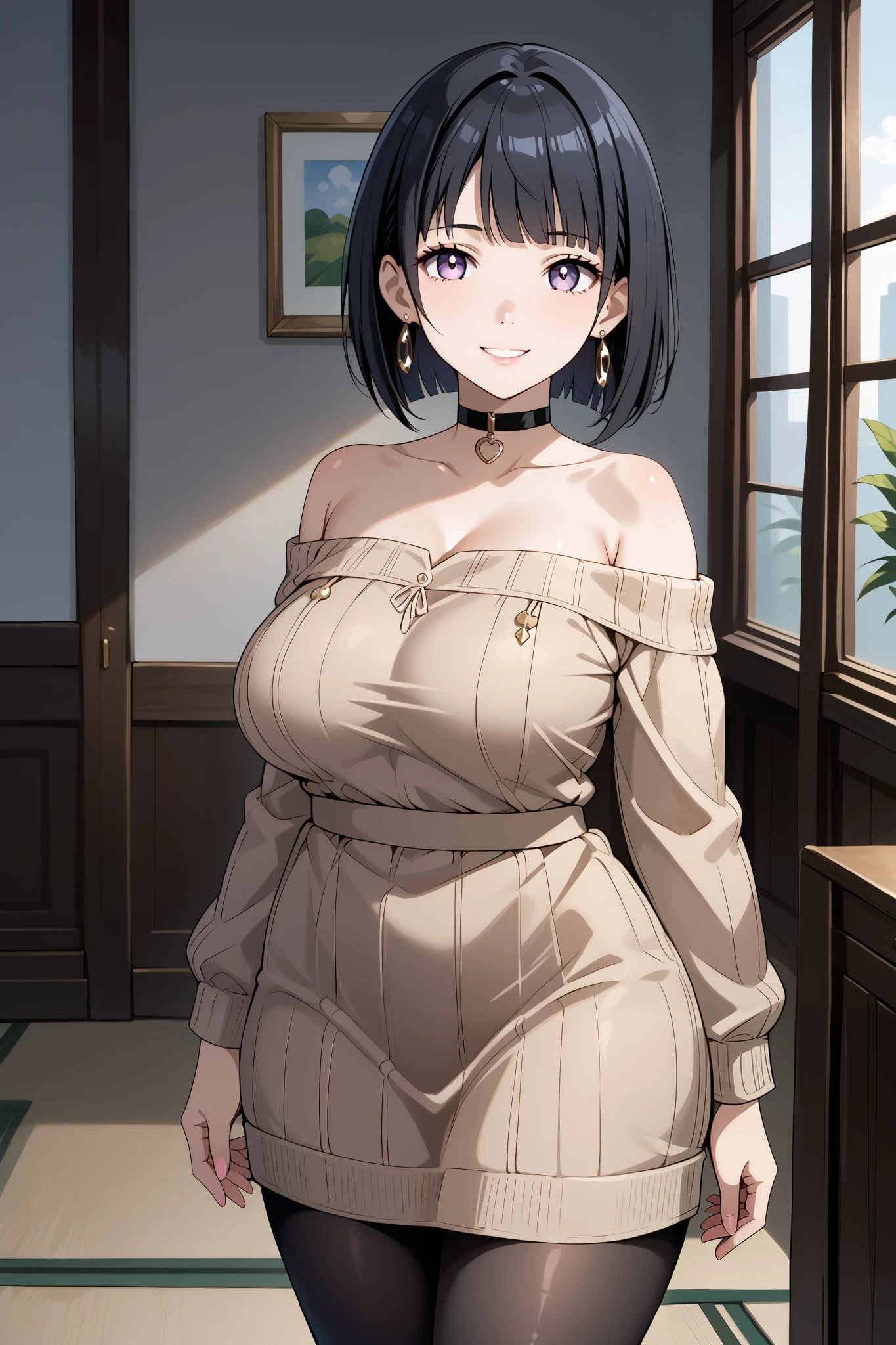 score_9, score_8_up, score_7_up, source_anime, 4K,perfect fingers,(perfect hands, perfect anatomy),prefect lighting, very aesthetic, intricate details,highly detailed background, masterpiece, high quality, best quality,
1girl, hinata_boru, bangs, short hair, black hair, huge breast,dense chest,
wearing ((pantyhose, choker, earrings, jewelry, sweater, collarbone, black_choker, off_shoulder, dress, bare_shoulders, )) ,,
gyaru, looking_at_viewer, smile, 
