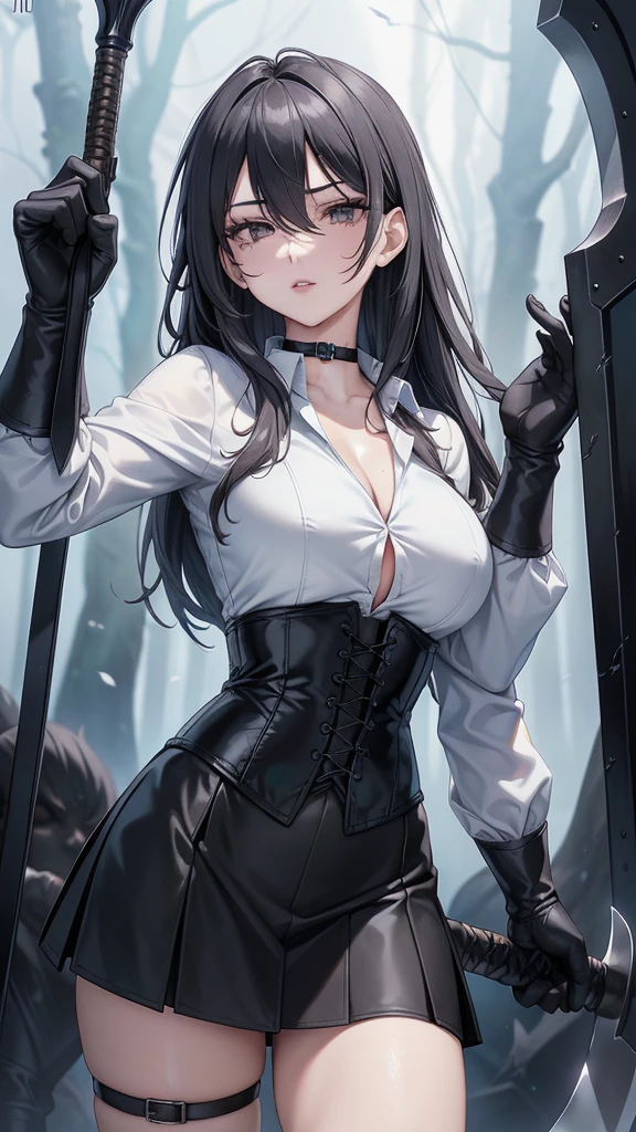 ((blood droplets)), ((blood)), ((blood splatter)), ((blood on clothes)), ((blood stain)), Masterpiece, Beautiful art, professional artist, 8k, art style by sciamano240, Very detailed face, Detailed clothing, detailed fabric, 1 girl, View from above, lying completely on the ground, perfectly drawn body, dead expression, lifeless, pale skin, beautiful face, long black fur, Closed eyes, pink cheeks, glasses, choker:1.6, (white collar button down long sleeve shirt), black gloves, gloves that cover hands, (holding an ax in his right hand), (black leather corset), (shiny black leggings), Sensual Lips , evening de invierno, Dark road, Snowy forest, evening, Atmosphere, snow