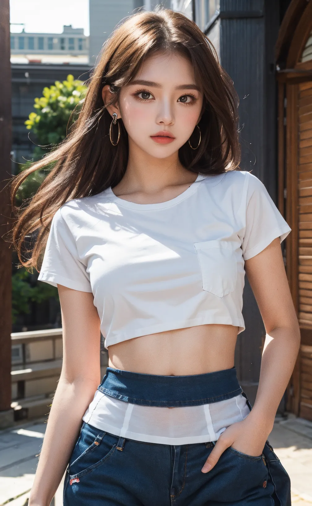 best quality, masterpiece, beautiful, girl, White crop top shirt, Denim shorts, Umbilical cord, Dynamic angle, Brown wide hair, black eyes, Home, window, Sunshine, shiny skin, Solar flares,(Natural skin texture, Surrealism, Soft Light, sharp)