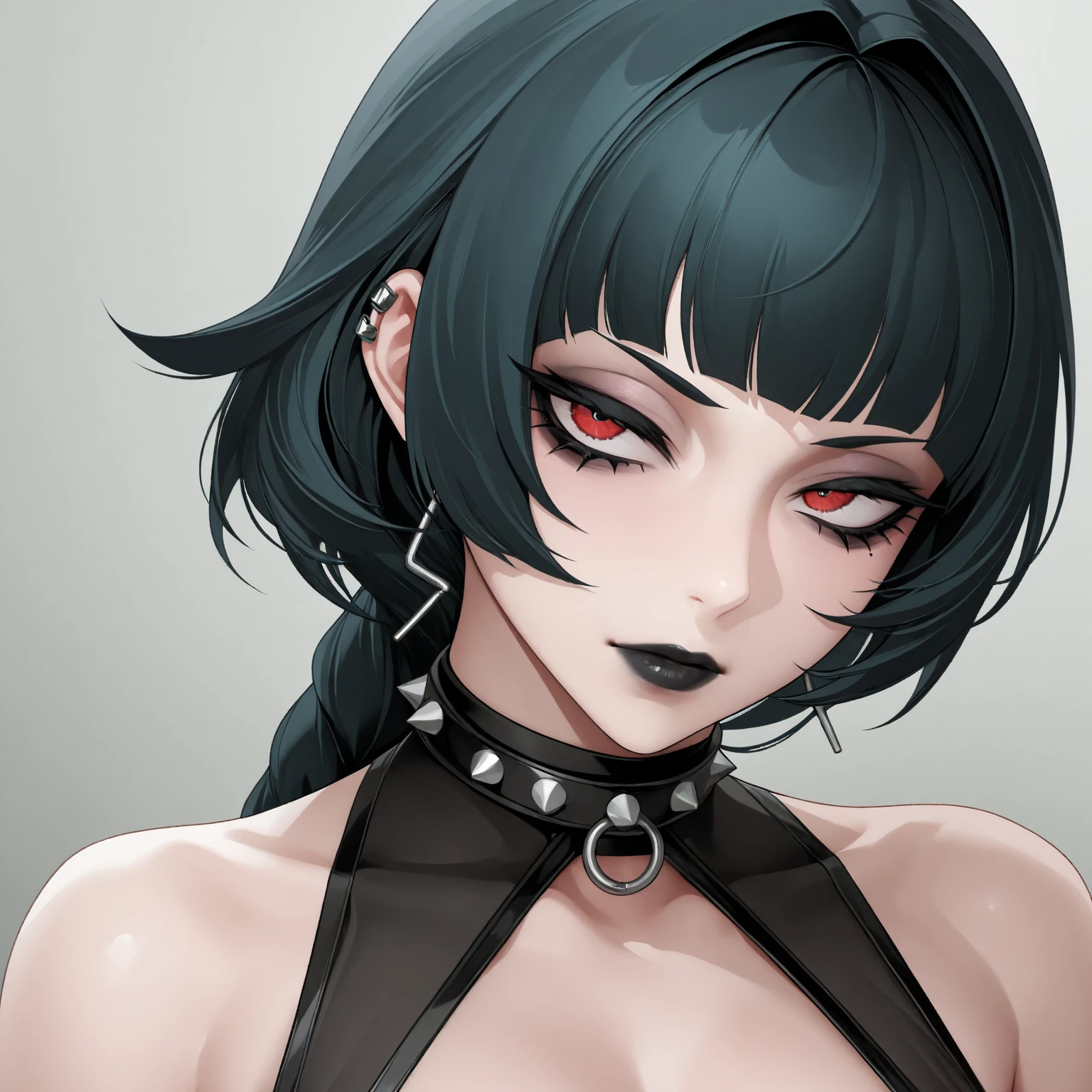 Gnoll woman, woman, red eyes, black fur, spike collar, Gnoll woman, big , big tighs, 4k, hd, pretty face, messy hair, menacing, acurrate eyes, sharp pupils, scary look, sword, (human head), (Mohican), (tribal clothing), exposed belly, (black hair), (hyena ears), long hair, tribal tattoo