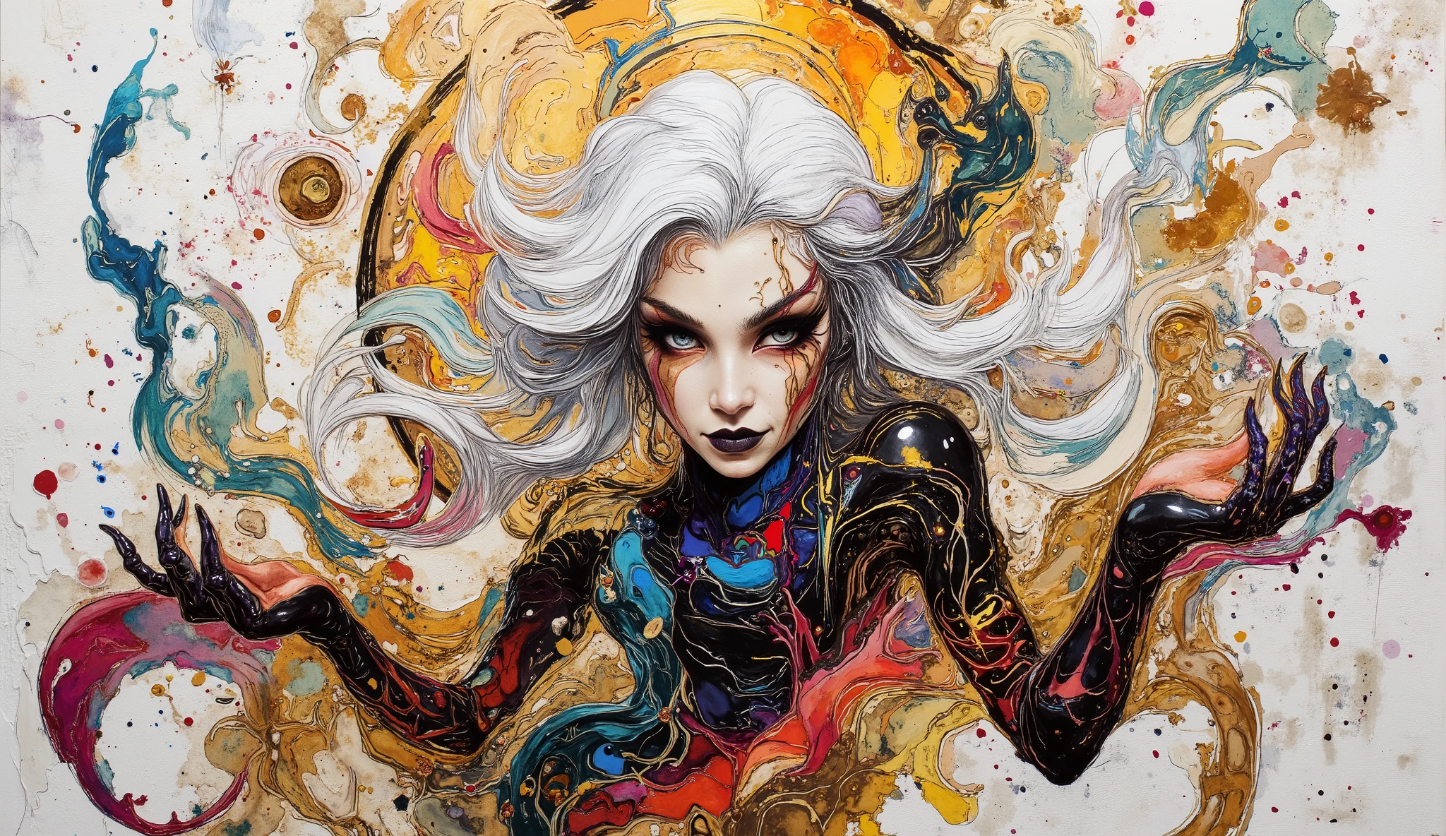 A whimsical fusion of patterns and colors brings to life an imaginative scene, featuring a central figure with flowing white hair and striking makeup, exuding an air of mystery. She is enveloped in a rich tapestry of bold geometric designs and organic motifs, intertwined with abstract forms . The background, rendered in white and gold tones with a textured pattern, supports the foreground's intricate details, while the visual balance is accentuated by elongated limbs and playful, exaggerated features. This artwork blends elements of surrealism and modern illustration, inviting viewers into a dreamlike narrative filled with expressive energy and captivating visual storytelling.