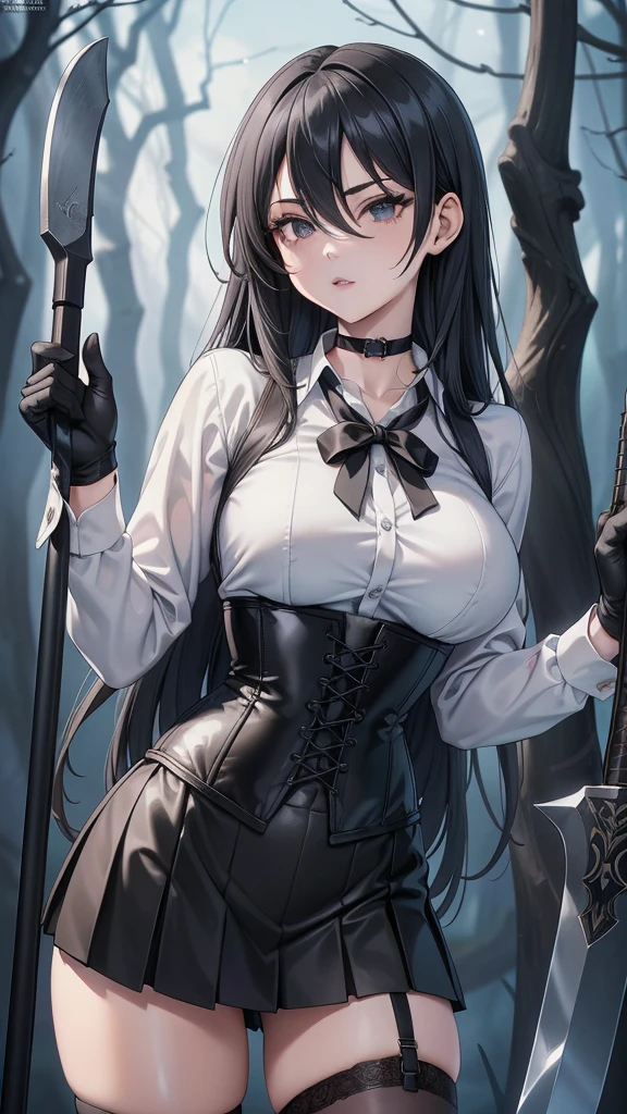 Masterpiece, Beautiful art, professional artist, 8k, art style by sciamano240, Very detailed face, Detailed clothing, detailed fabric, torso leaning forward, 1 girl, torso leaning completely forward, showing the ass, perfect ass, perfectly drawn body, beautiful face, long black hair, Blue eyes, very detailed eyes, pink cheeks, shy expression, choker:1.6, (white long sleeve button down shirt with white collar), black gloves, gloves that cover hands, holds an ax in his hand, (black leather corset), (shiny black leggings), Black leather boots, Sensual Lips , evening de invierno, show details in the eyes, Dark road, dark forest, evening, Atmosphere, fog