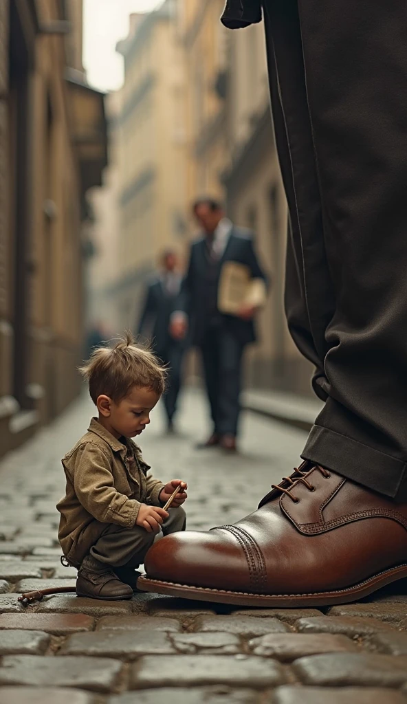 Create an image of a man looking at the yv of a shop window. Add a begging child to the side of the window. The man does not see the child who is begging from the people who pass by, he only sees the TV screen. He ignores the child. On the screen you can see children suffering from the war.