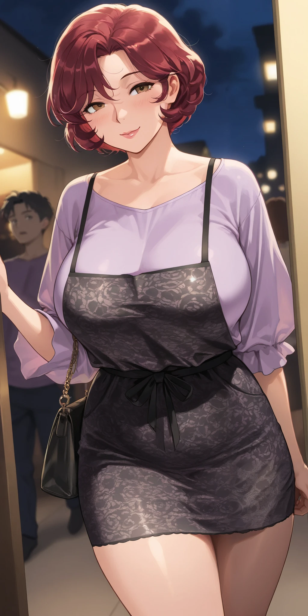 Female 26 years old,housewife,Sunlight,Smile,put on lipstick,Light brown curly short hair,A ponytail on the left,Aqua blue suspender skirt,Slightly plump,huge firm breasts,market shopping,Wearing a watch on the right hand,half moon earrings,Lace